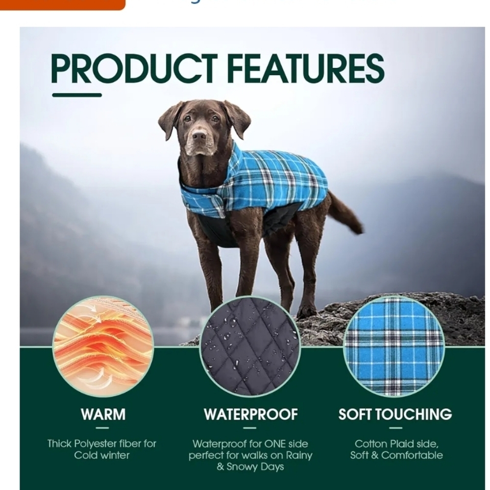 Reversible Black and Blue Plaid Dog Coat NWT - Picture 3 of 16